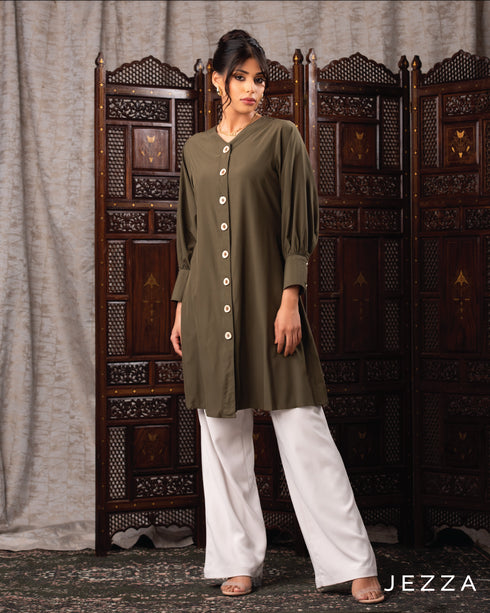 V-Neck Button Detail Knee-Length Top 62041